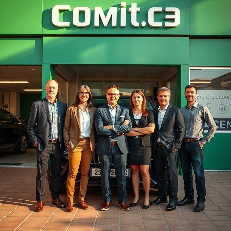 Equipo de siete personas del concesionario Betaeecho frente a la fachada verde esmeralda