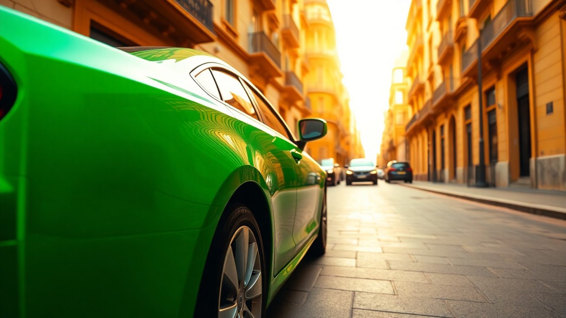 Coche verde esmeralda en una calle soleada de Valencia