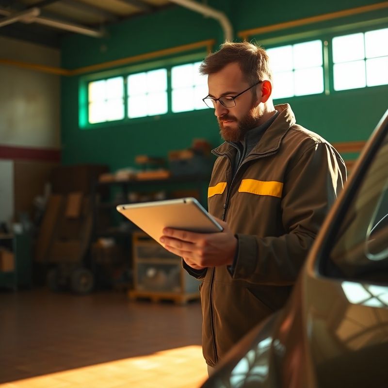 Tasador revisando un informe en tablet junto a un coche en el taller