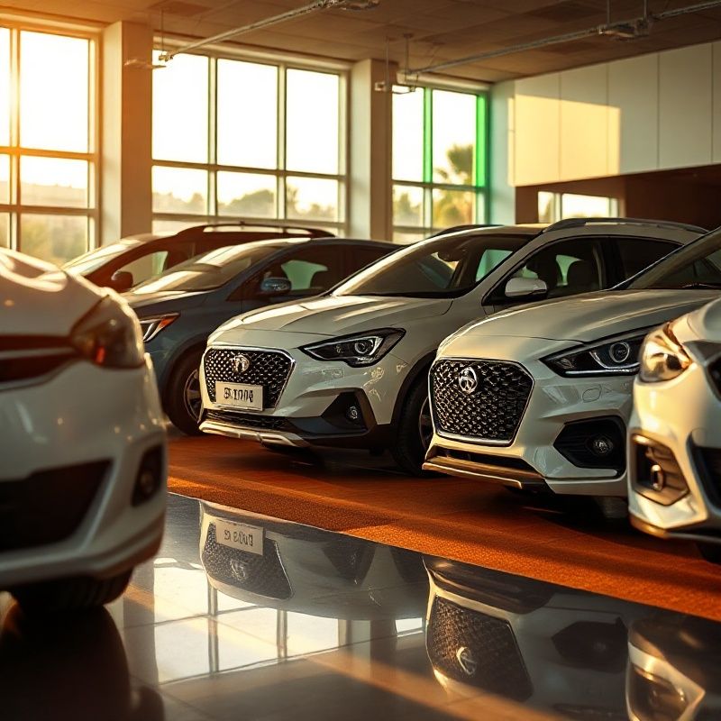Coches nuevos alineados en el showroom de Betaeecho con iluminación esmeralda