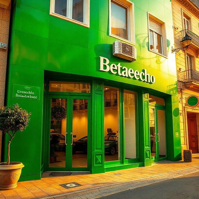 Entrada del concesionario Betaeecho con fachada verde esmeralda en Valencia